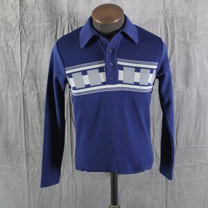 Vintage Disco Shirt - Grey Square Chest Pattern Long Sleeve - Men's Size 40